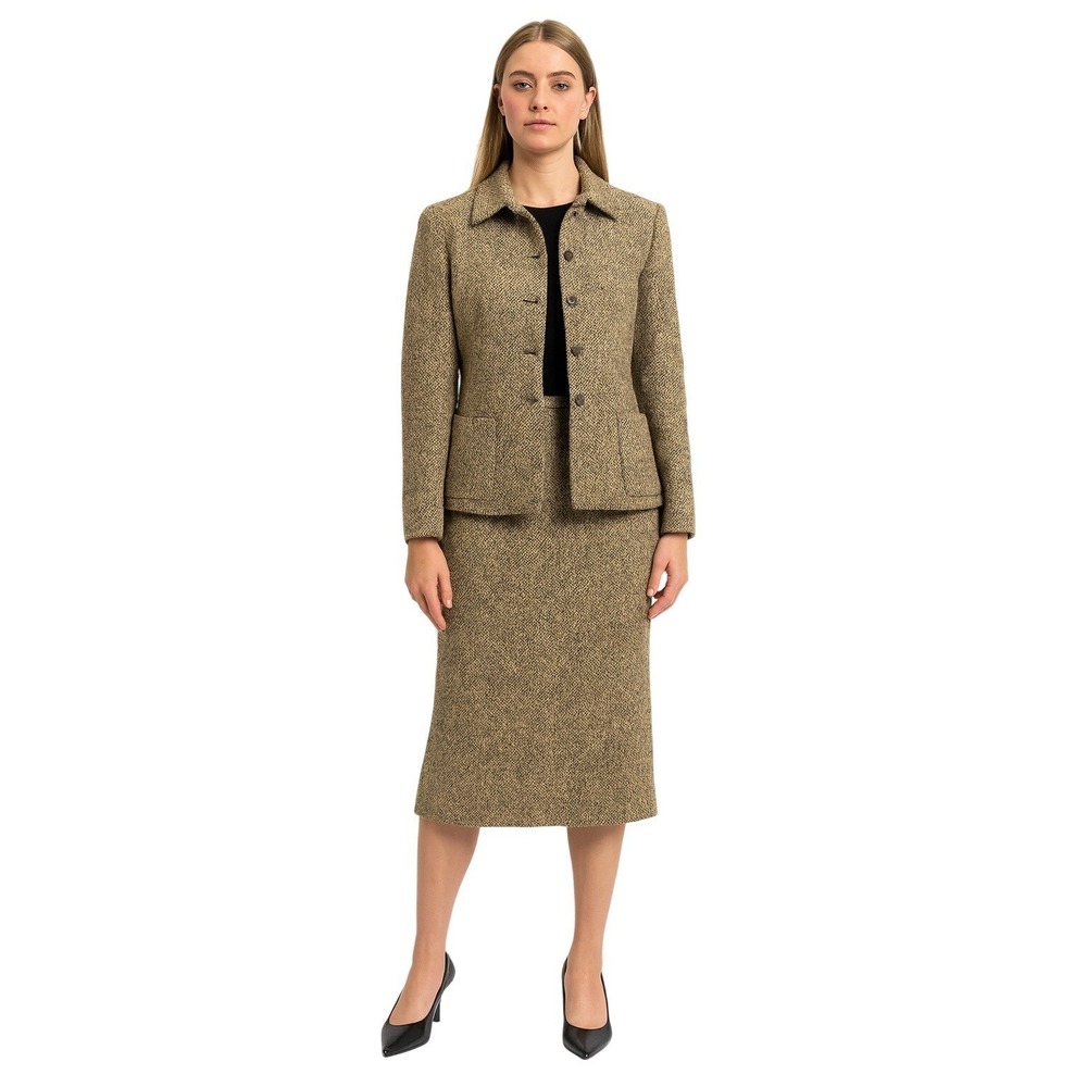 Loft Blazer Jacket & Skirt Set‎ Brown Herringbone Tweed Wool Blend Size 6 Petite